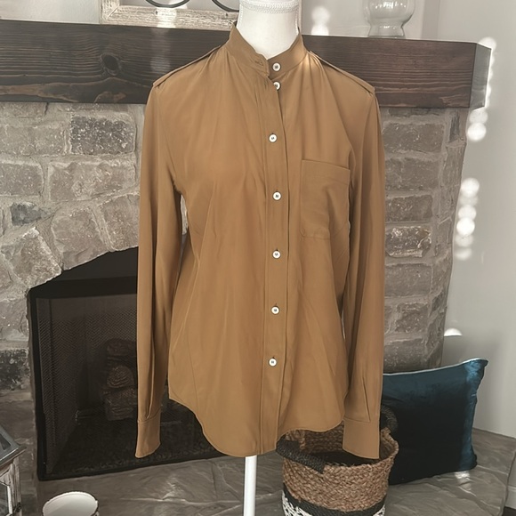 Celine 100% silk button down women military style shirt bronze caramel size 38 - Picture 2 of 16